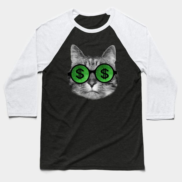 Wealthy cat wearing green dollar sign sunglasses Baseball T-Shirt by Purrfect